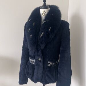 Vintage Rabbit Fur Jacket Blue Fox Fur Collar Embellished Beaded Coat Women S